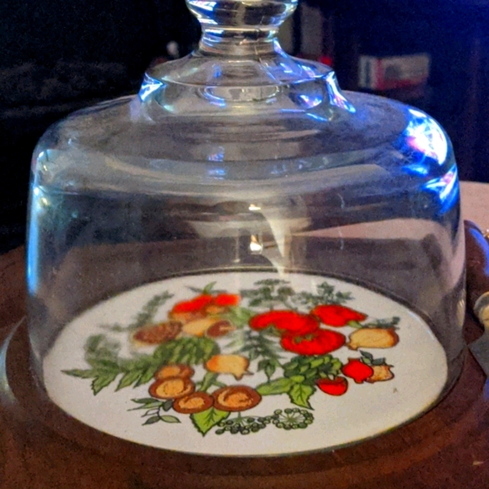 Wood & Ceramic Cheese server with heavy glass dome cover